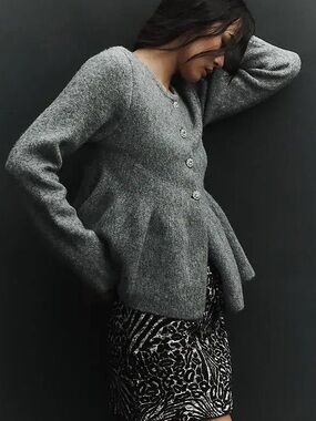Maeve Anthropologie Flower Button Peplum Chunky Cardigan Sweater
